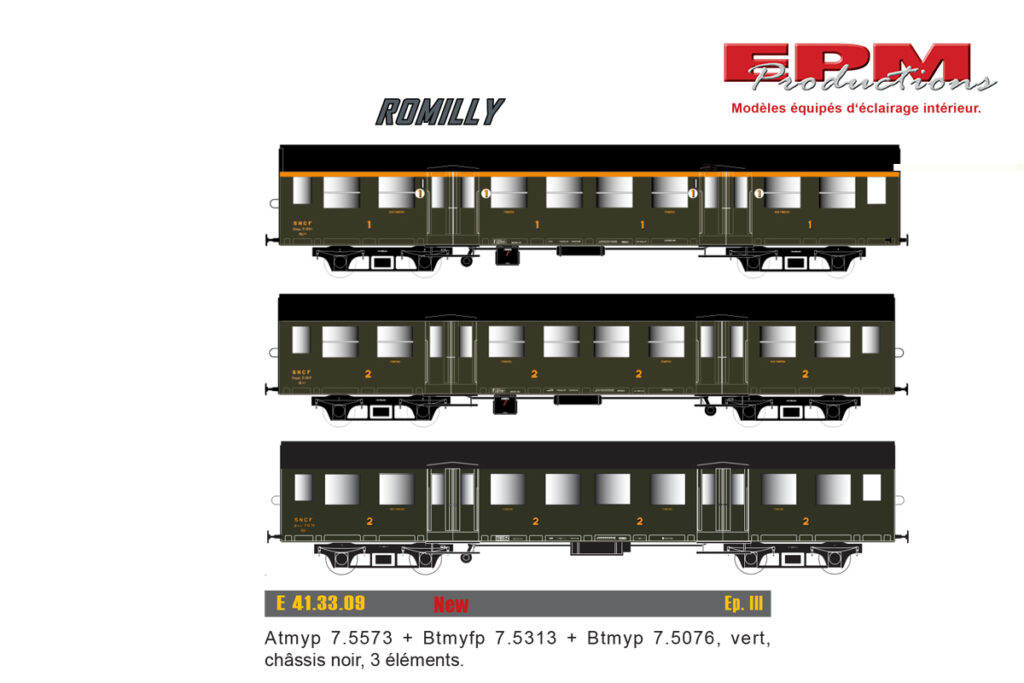 Lot 3 Voitures EPM Romilly : ABtmyp + Btmyp + BDtmyp - Châssis Noir éclairé - HO
